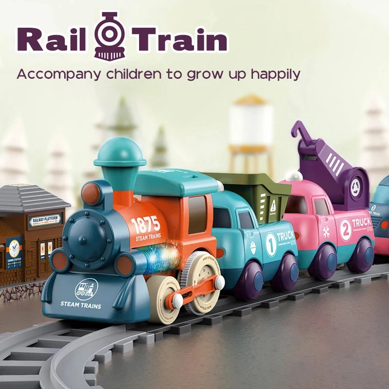 

Kids Electric Train Set Children's Cartoon Engineering Track Car Railway with Sound and Light DIY Assembly Train Toy Model Gift