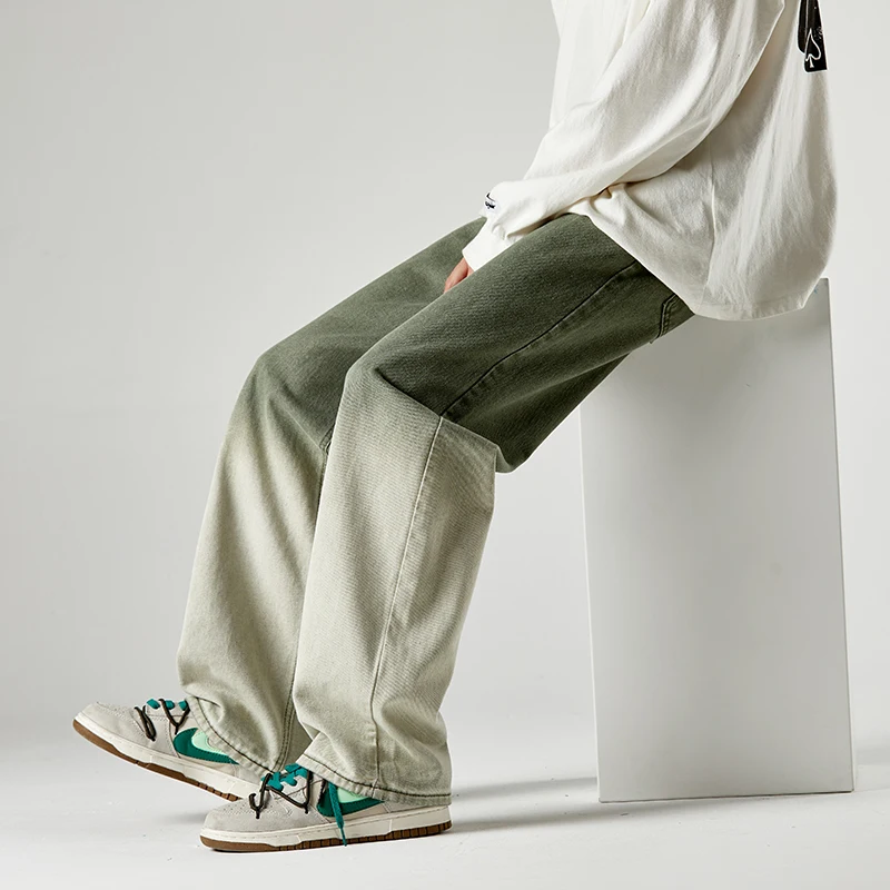 Blue Black Jeans Men Fashion Retro Gradient Straight Jeans Men Japanese Streetwear Hip-hop Loose Denim Pants Mens Trousers M-2XL