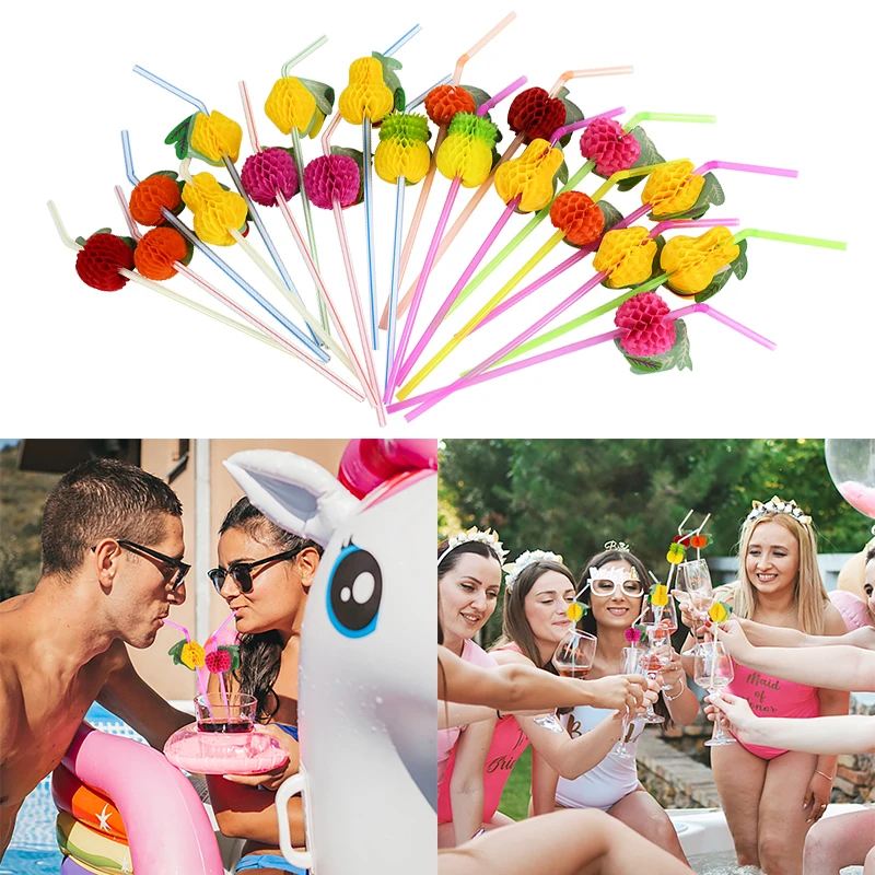 

10/20pcs Tropical Hawaii Beach Themed Disposable Straw Pineapple Fruit Honeycomb Plastic Straws Pool Hawaiian Party Drink Decor