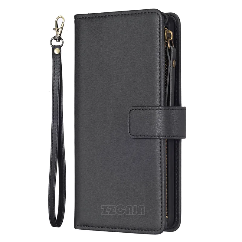 

For Xiaomi POCO X5 Pro X3 NFC F5 5G F3 M3 Pro C55 C31 Case Leather Flip Stand Cover Luxury 9 Cards Slots Zipper Wallet Bag Strap