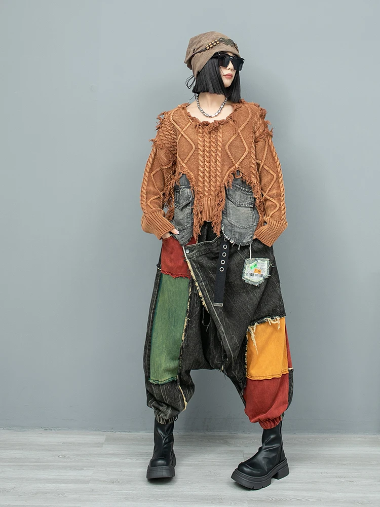 Женский модный костюм индивидуальный Состаренный шерстяной джинсовый свитер с