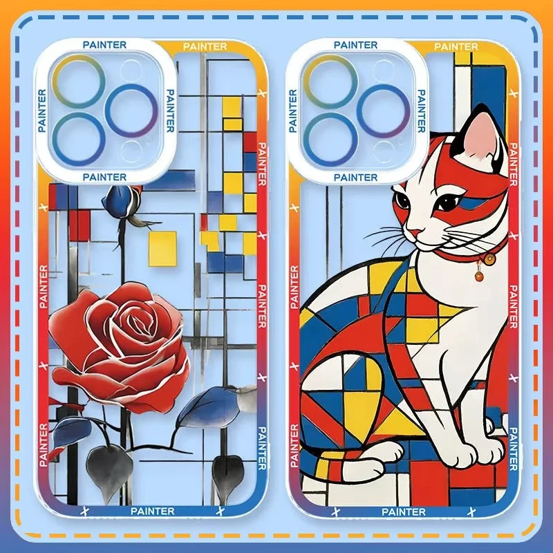 Чехол Mondrian с абстрактной розой и котом для Xiaomi 13T 12T 11T 10T 14 13 12 11 Lite 5G NE POCO F6 X6 Pro X3 NFC X5