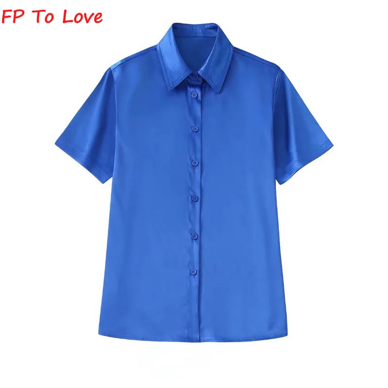 Элегантная Зеленая атласная рубашка с коротким рукавом ярко-голубая однобортная
