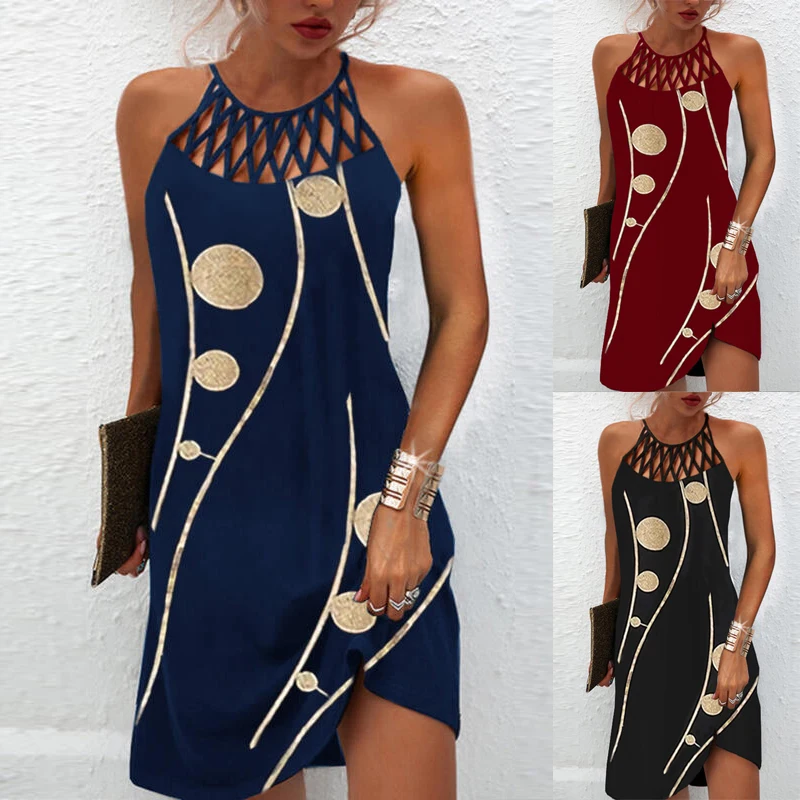 

Sexy Mini Dress Women Fashion Printed Halter Hollow Out Sleeveless Short Dresses Female Elegant Boho Beach Party Dress Vestidos