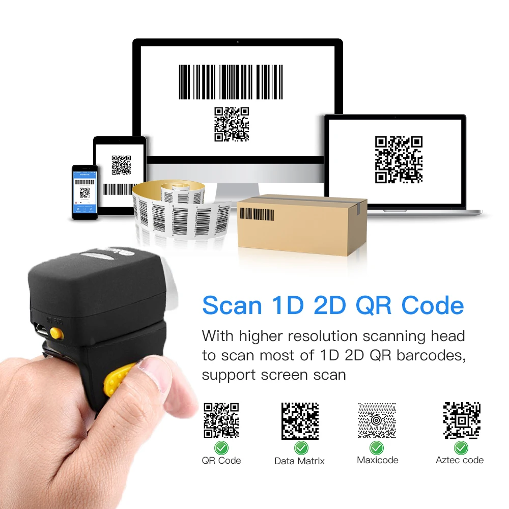 

Сканер штрих-кода 2D Bluetooth QR, портативный кольцевой сканер штрих-кода 1D 2D