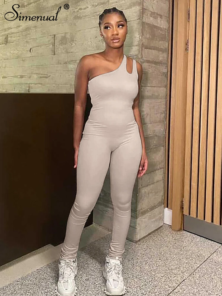

Simenual спортивные повседневные Комбинезоны на одно плечо без рукавов с вырезами, цельные костюмы для женщин, однотонный обтягивающий Летний ...