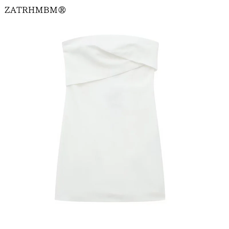 

ZATRHMBM Women 2023 Summer New Fashion Linen Blend White Dress Vintage Strapless Side Zipper Female Dresses Vestidos Mujer