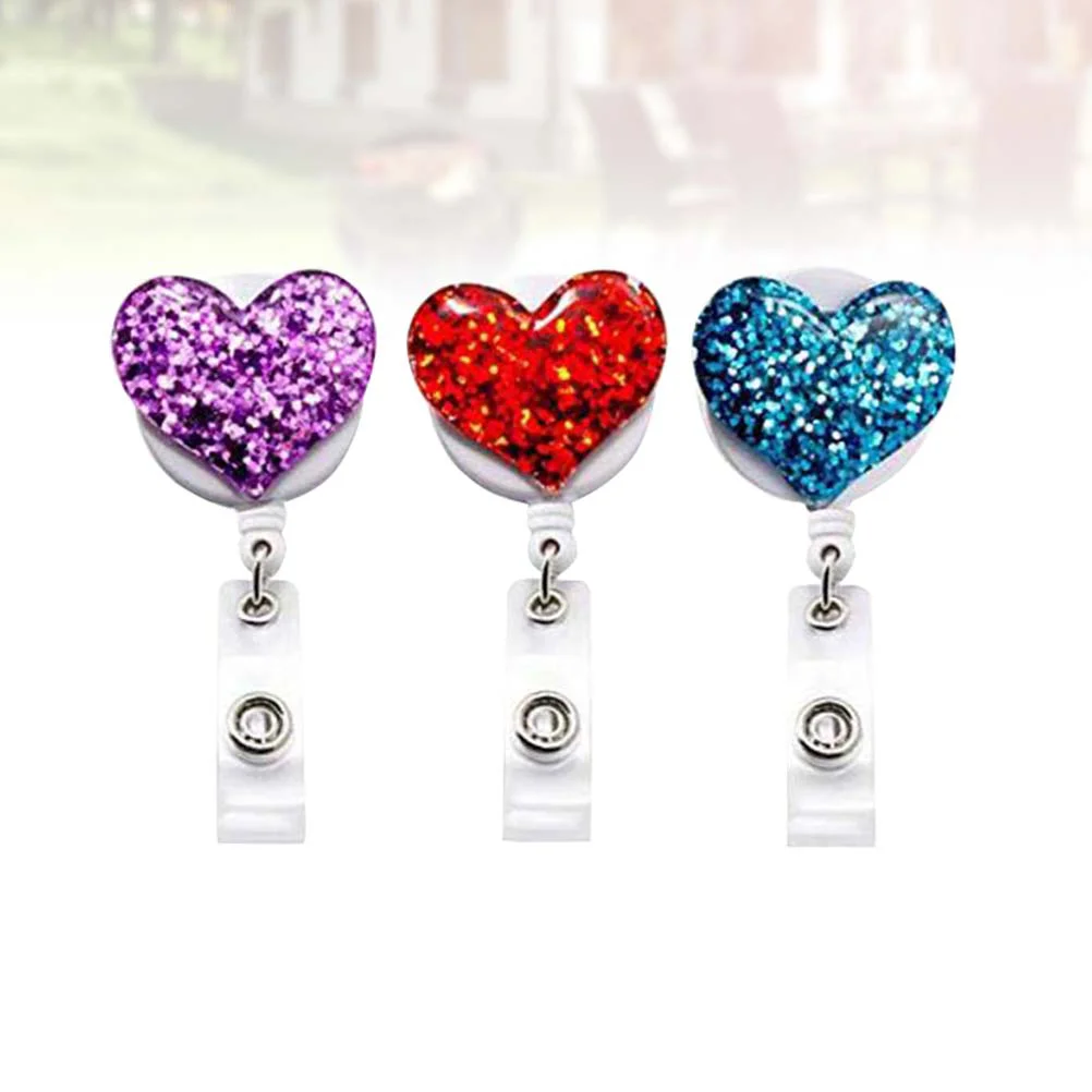 

3pcs Card Sleeve Retractable Decorative Heart Shaped Cute ID Badge Reel ID Badge Holder for Nurse Doctors Teachers Office