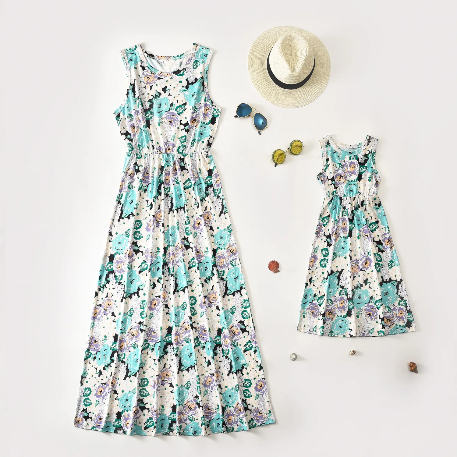 

Summer Family Matching Clothing Sleeveless Floral Printing Pattern Parent-Child Dress Fashion Waist Tightening Long Dress