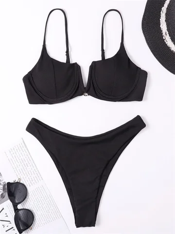 Push Up Bikini Thong Women Swimsuit 2022 New Solid V Neck Ribbed Swimwear Bikinis Set Summer Beachwear Bathing Suit For Female