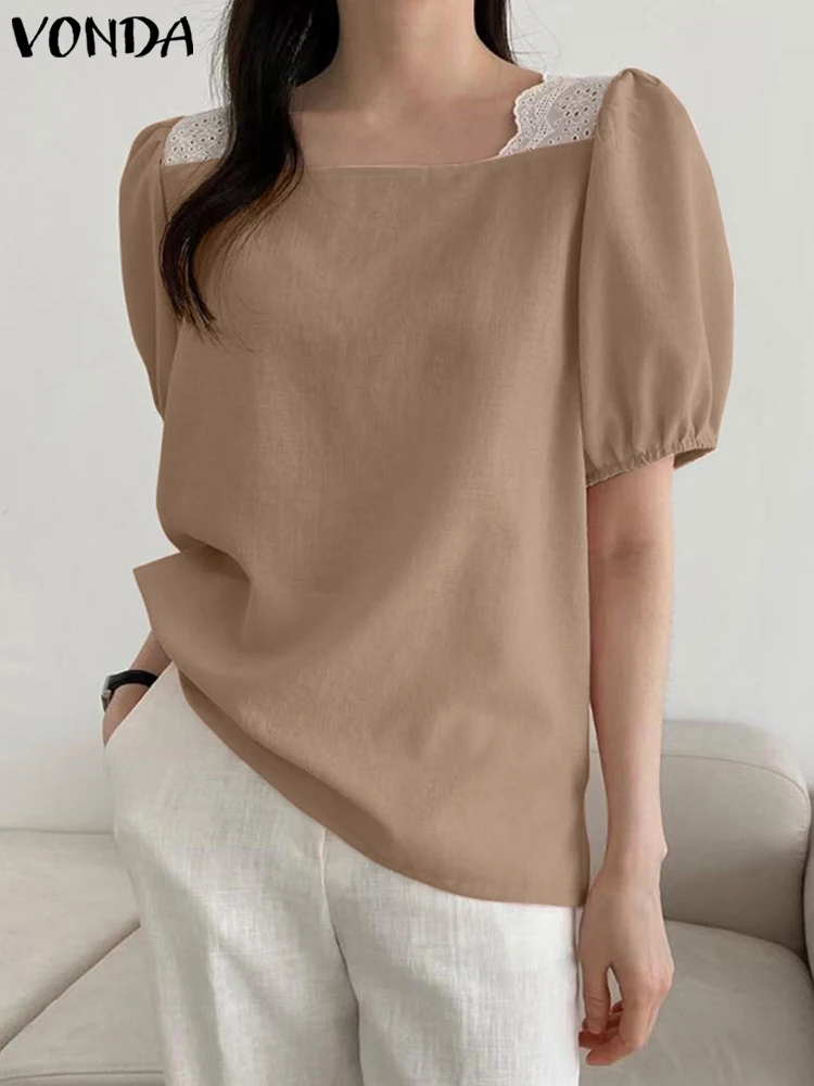 

2023 Fashion Shirts VONDA Women Blouses Lace Square Collar Summer Short Puff Sleeve Tunic Tops Casual Loose Blusas Femininas