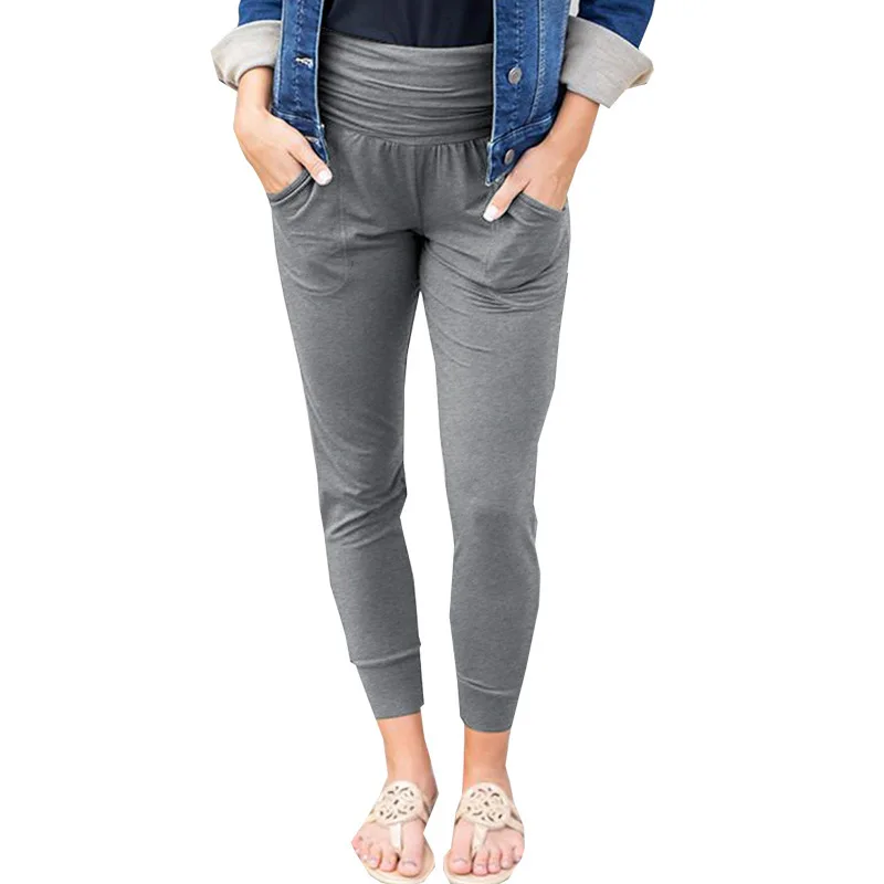 

Fashion Women Pure Color Pencil Pants with Pockets Elastic High Waist Comfortable Yoga Trousers European American Casual Bottom