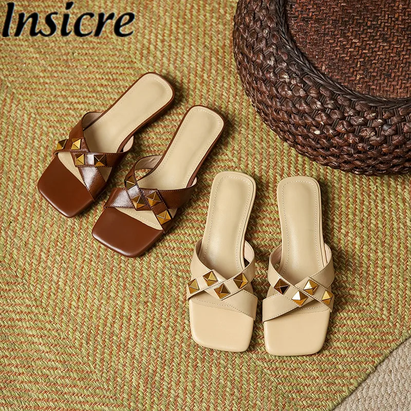 

Insicre 2022 Classic Slippers Waxing Cow Slipt Leather Square Toe Rivet Women Sandals Flats Size 42 Summer Shoes Low Heel