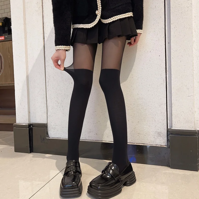 22 Spring and Summer Ins Black Silk Stitching Sexy JK Pantyhose Velvet Fake Calf Milk White Fake Thigh High Stockings for Women