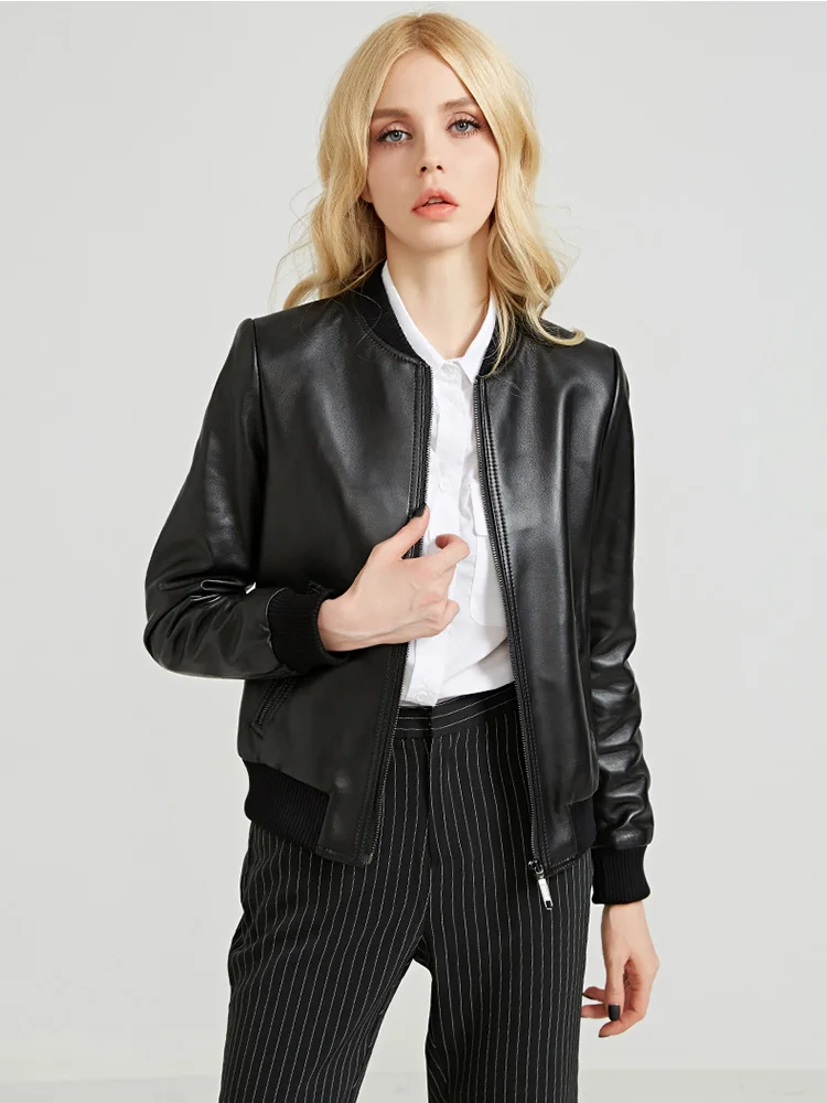 New Women Genuine Leather Coat Spring Autumn Fashion Casual Stand Collar Short Sheepskin Moto Jacket Slim Long Sleeve Outerwear