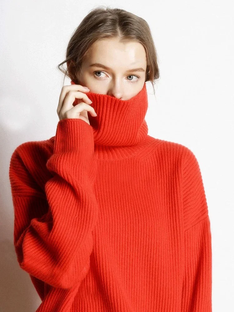 

Women's Oversized High Neck Knitted Sweater, Warm Cardigan, Loose, Casual, Comfortable, Ladies' Top, Autumn, Winter