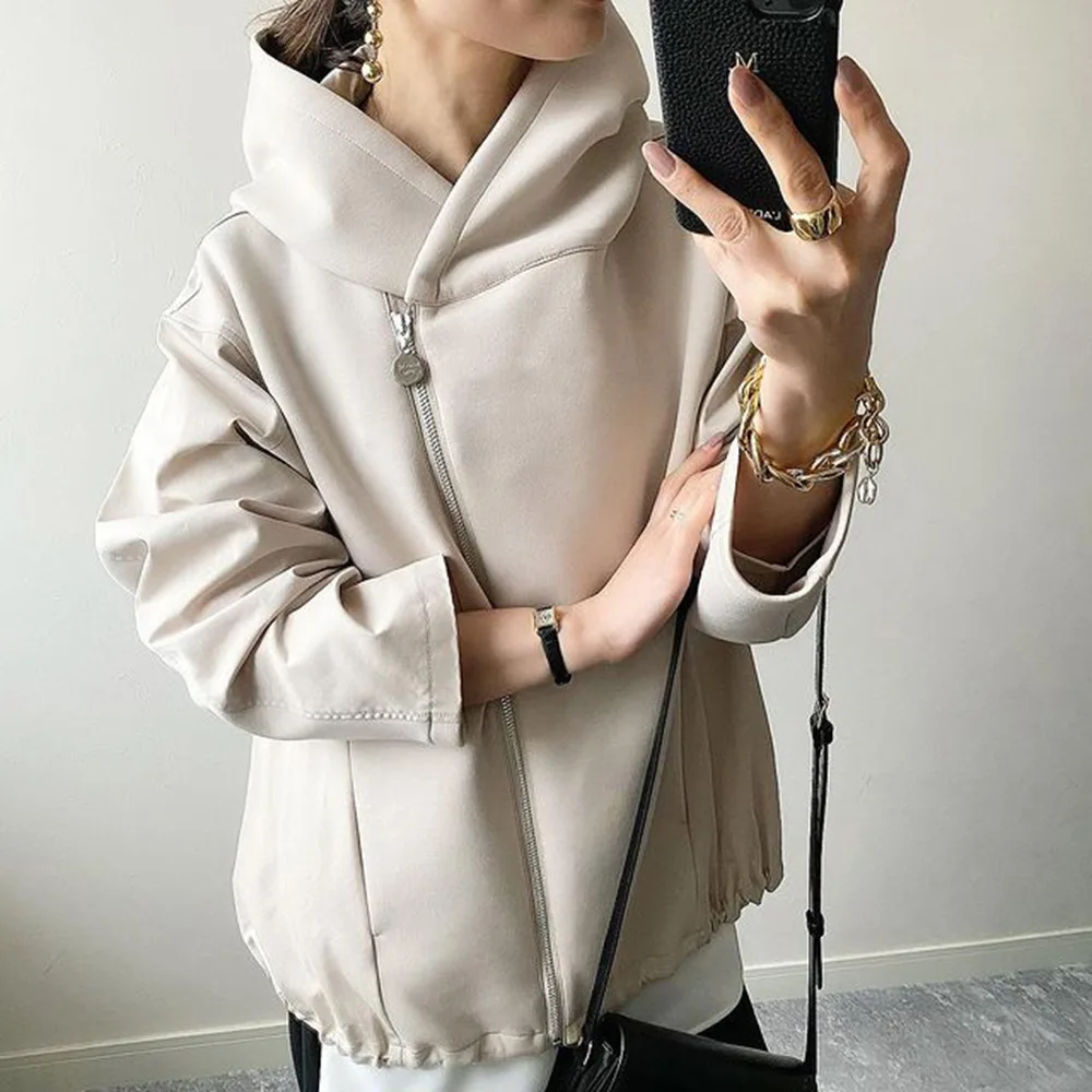 

Толстовка Женская однотонная на молнии, куртка с капюшоном и длинным рукавом, Свободная Повседневная модная Корейская толстовка, весна-осе...