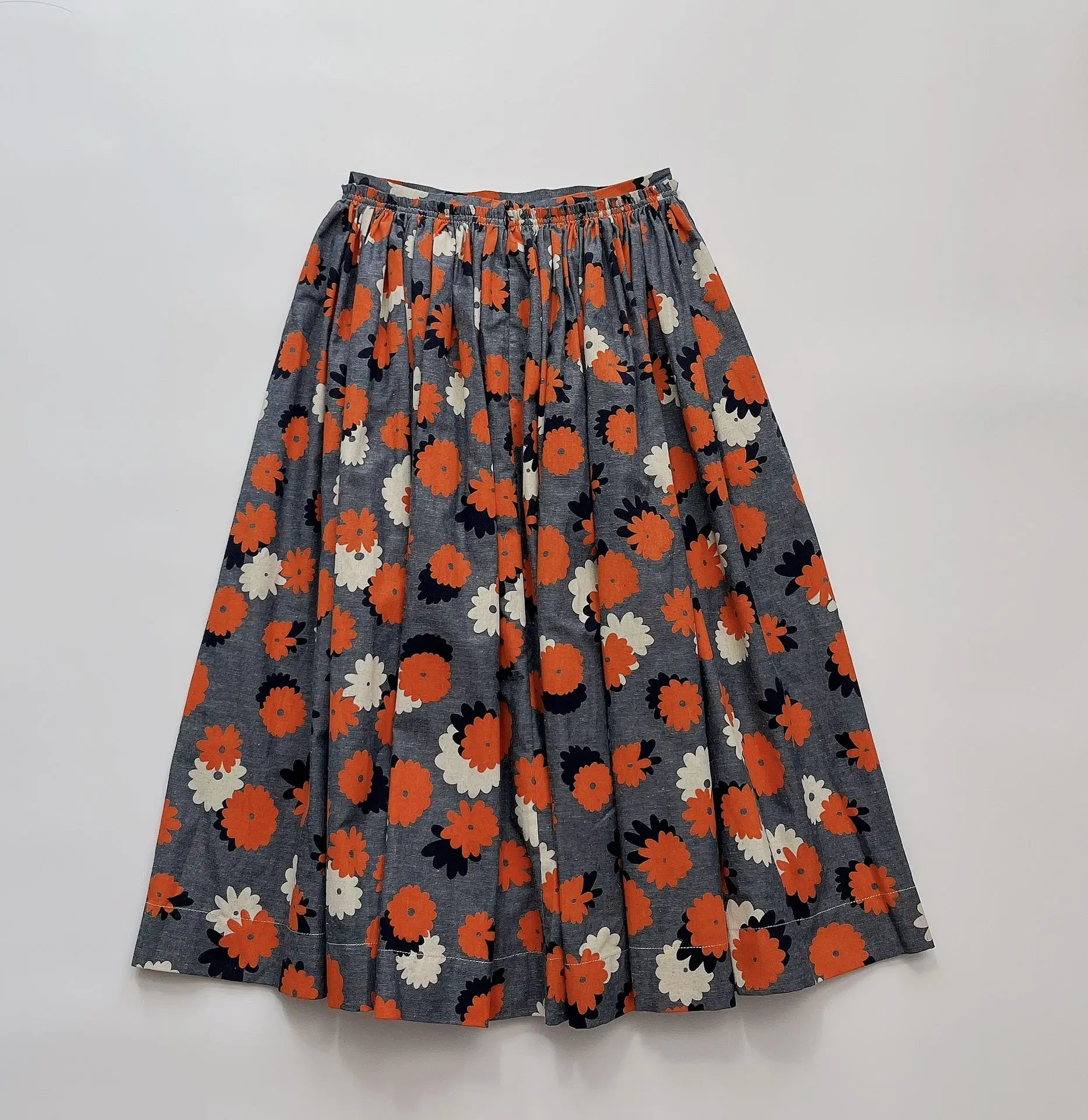 

2022 Summer Cotton Linen Orange Floral Distressed Fabric Skirts for Women