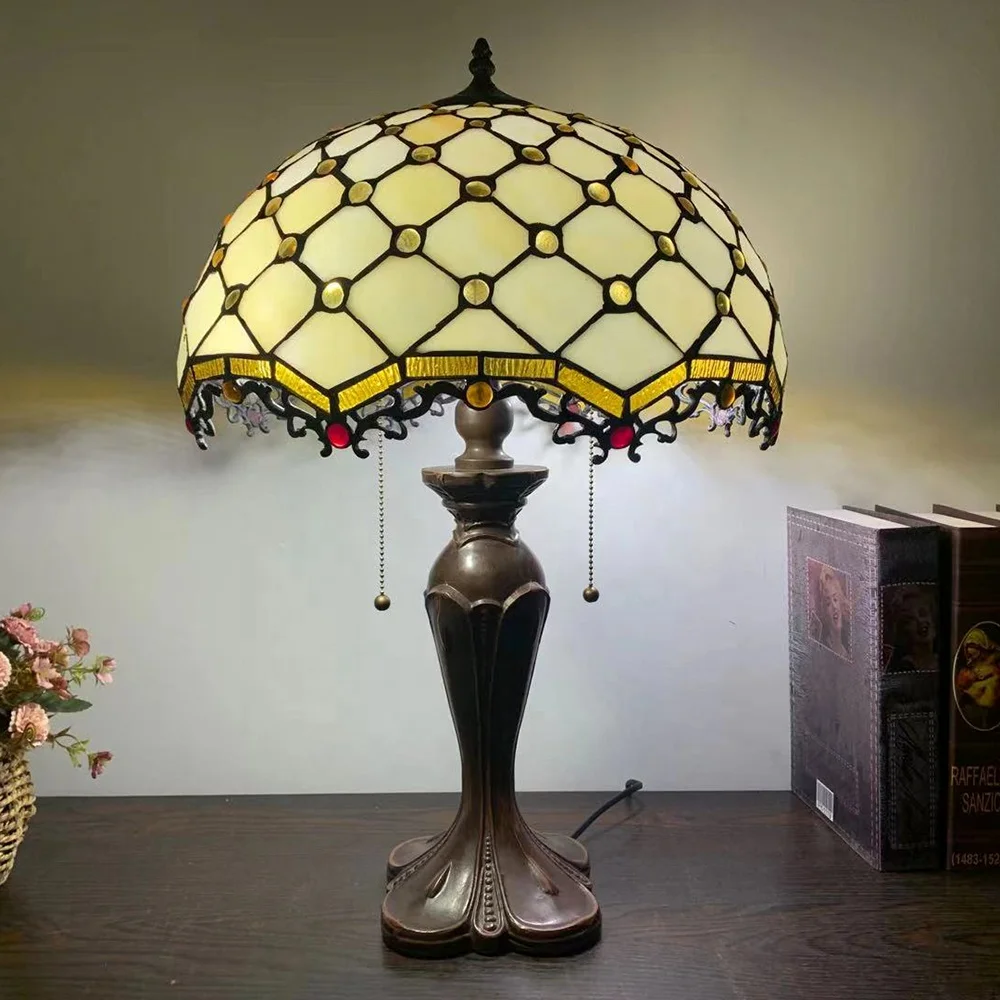 

LongHuiJing 16Inch Tiffany Style Stained Glass Lampshade Table Lamp Handcrafted Desk Lamps Accent Light