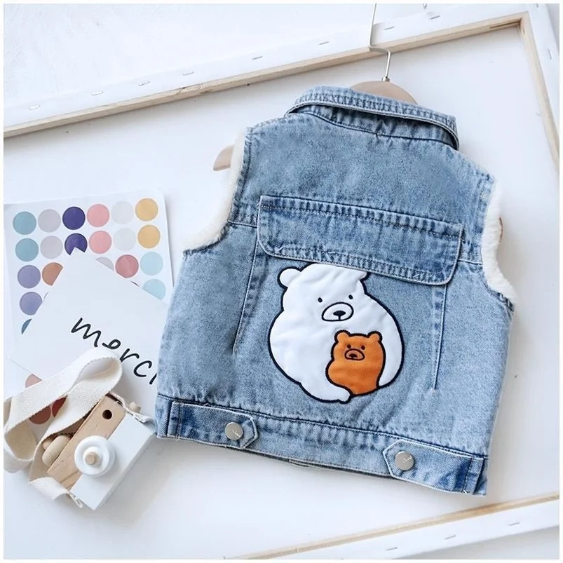 

Детские джинсовые жилеты, теплый флисовый жилет, зимняя одежда для маленьких мальчиков, детский меховой жилет, Майки для мальчиков с мультя...