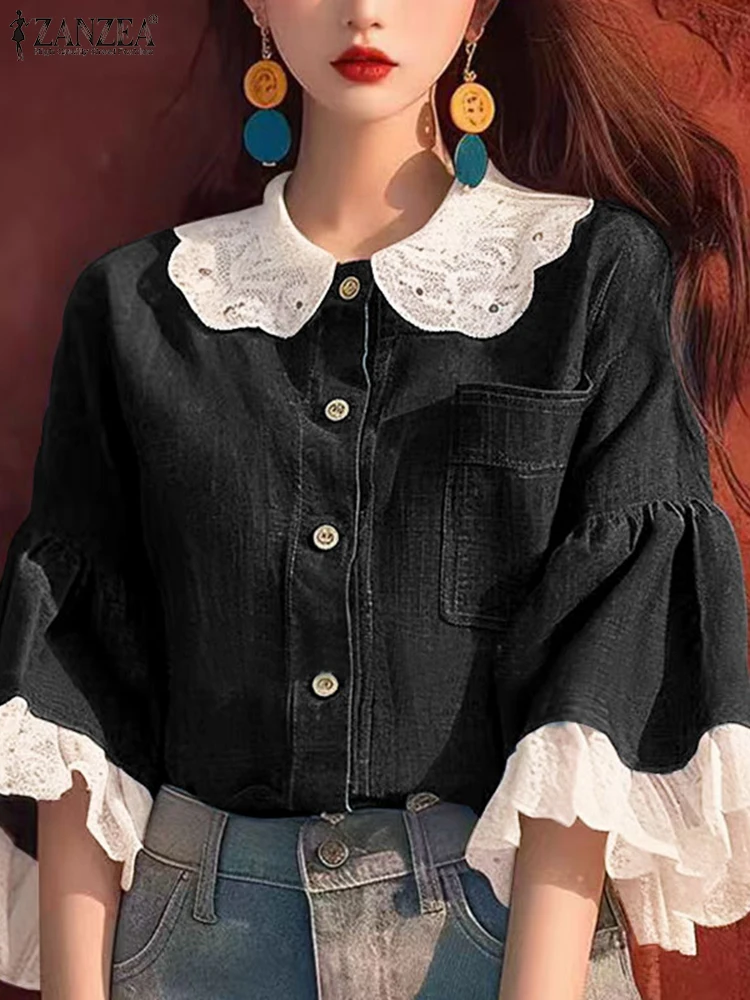 2024 женские расклешенные рубашки с рукавами 3/4 ZANZEA корейские модные однотонные
