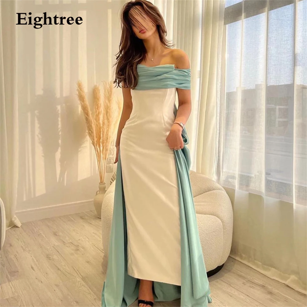 

Eightree White Green Mermaid Evening Dresses With Cape Robes De Soirée Silk Satin Tea Length Saudi Arabic Women Party Prom Gowns