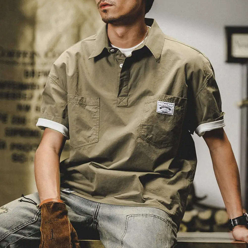

Cargo Shirt Solid Color Anti-pilling Handsome Multi Pockets Turn-down Collar Summer Tops Male Work Shirt Mens Military Shirt