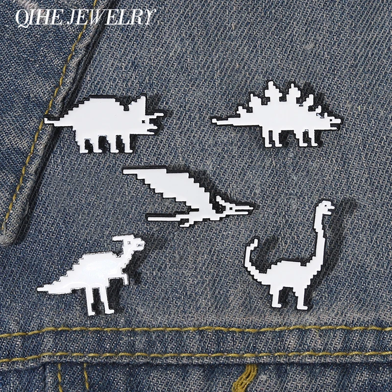 

White Pixel Dinosaur Enamel Pin Punk Animal Tyrannosaurus Rex Triceratops Hat Custom Lapel Pin Jewelry Gift Friends Accessories