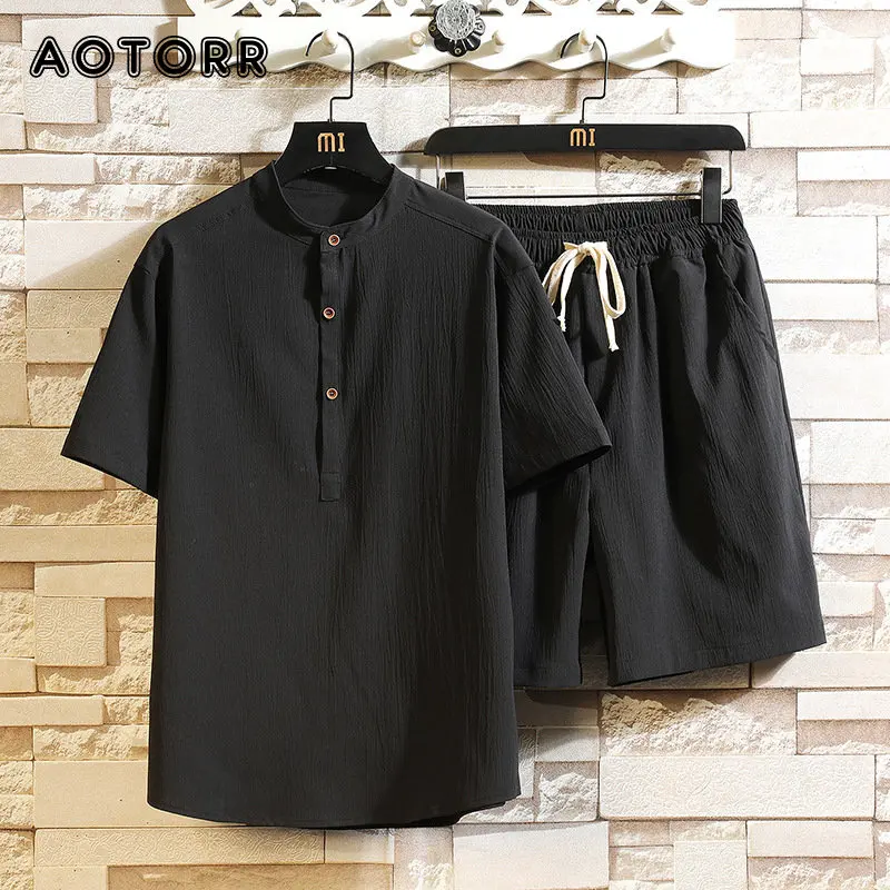 Men's Cotton Linen Casual Sets 2023 New Solid Color Shirts+shorts Two-piece Sets Summer Stand-up Collar Retro Short-sleeved Set