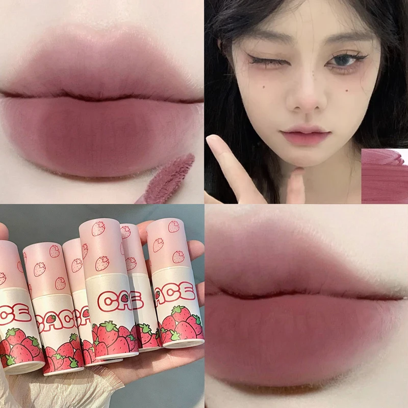 

Lovely Strawberry Lip Mud Clay Velvet Matte Lipstick Makeup Waterproof Long-Lasting Smooth Red Lip Tint Pigment Lip Gloss