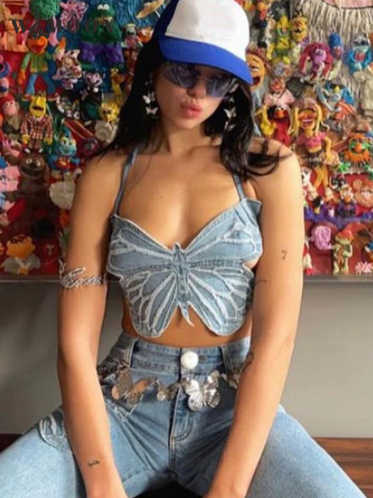 

Butterfly Backless Jeans Crop Top Women 2022 Summer Y2k Strap Sexy Blue Cute Casual Outfit Party Beach Holiday Mini Vest Tee
