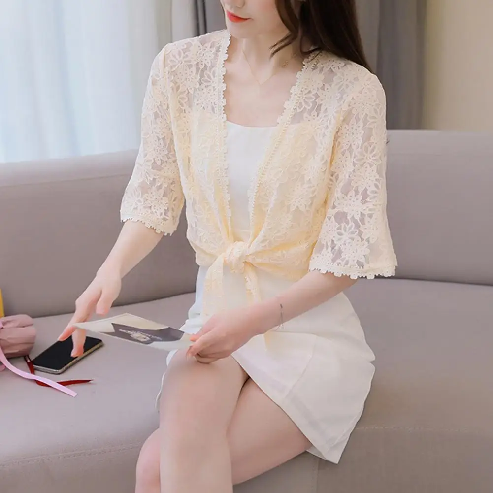 

Женская легкая рубашка, весенний кардиган, стильный кружевной кардиган с вышивкой, кардиган с коротким рукавом и воротником-стойкой, однотонная шаль типа А