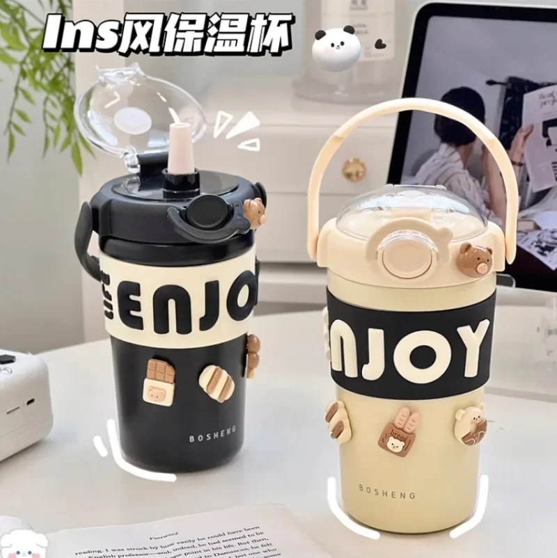 

INS Simple Insulation Cup 304 Stainless Steel Pop Cap Water Bottle Girls Work Students Straw Cup Children Carry-on Cup 450ML