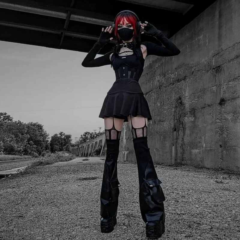 Женские вязаные кожаные гетры ReddaChic черные носки до бедра в стиле панк с