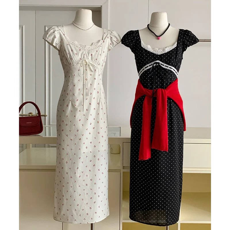 Женское длинное платье в горошек с кружевной юбкой