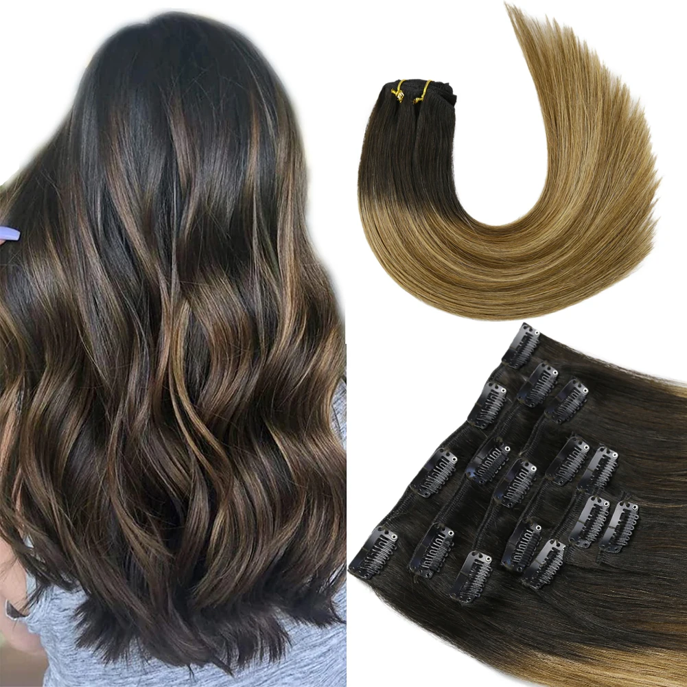 YSG HAIR Clip in Hair Extensions Real Human Hair Weft Ombre to Brown Balayage Blonde Hair Straight 7pcs 120g Clip-in Remy Hair