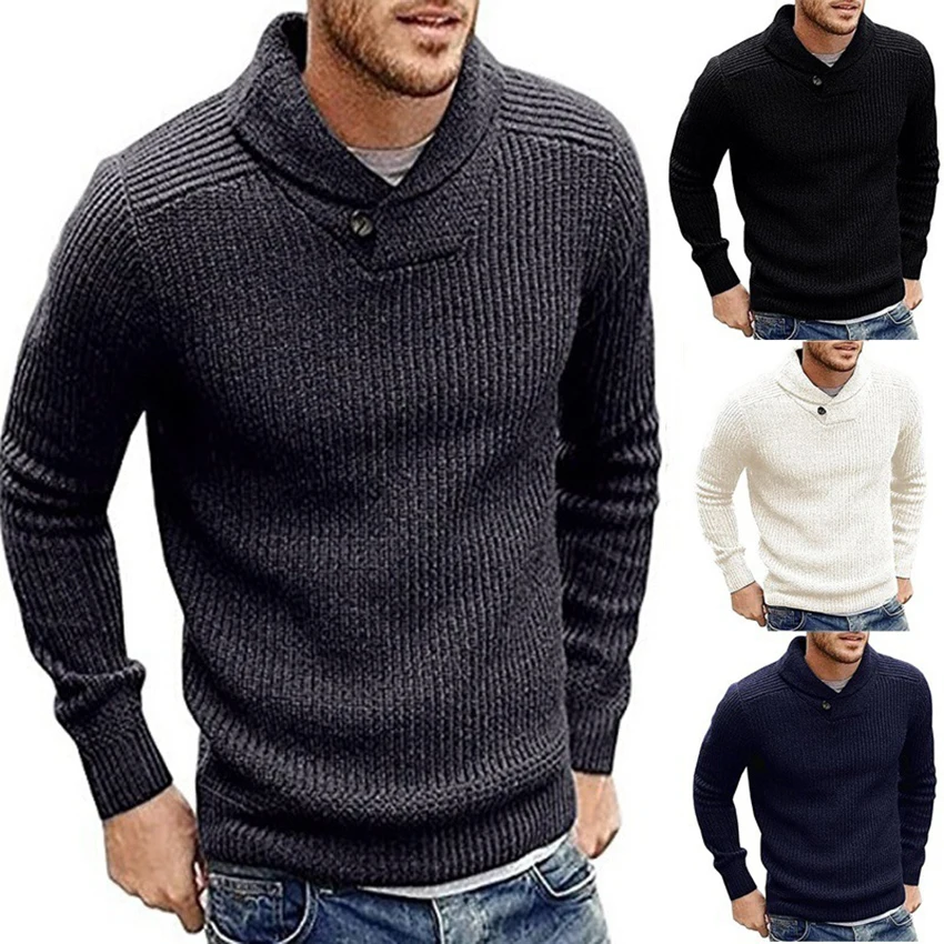 

Men's Autumn And Winter Lapel Neck Thick Solid Color Fashion Soft Knit Botton Pullover Sweater Clothes Men Knitwear Tops For Men
