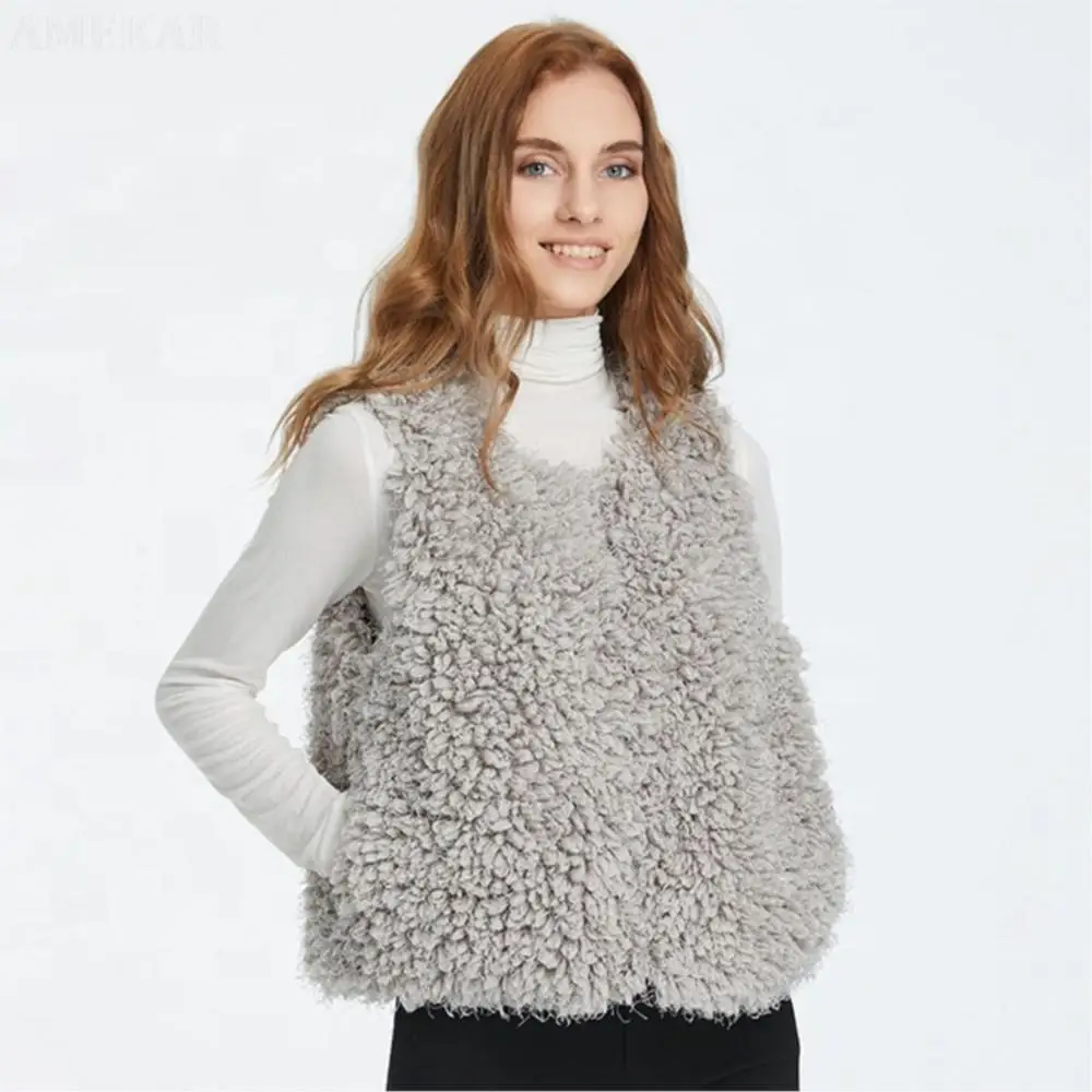 Women Real Fur Lined Shaggy Vest Pure Color Warmth Sleeveless Plus Size Coat Winter Leisure Zipper Real Fur Coats