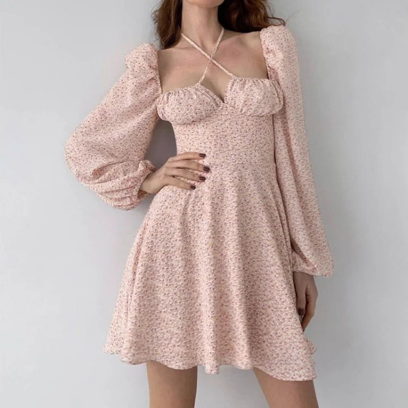 

2022Spring Popular Square Collar Halter Puff Sleeve FloralAWord Skirt Dress