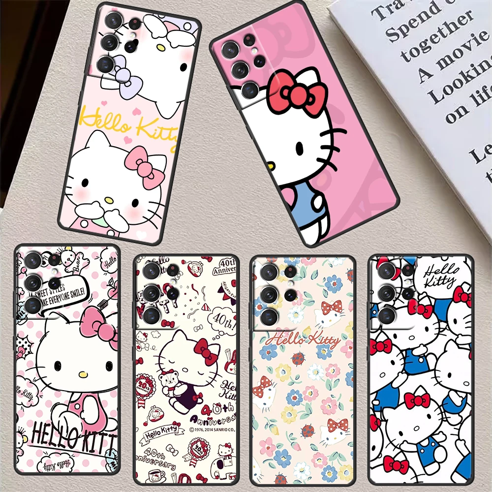 

Hello Kitty Melody Kuromi For Samsung S23 S22 S21 S20 FE Ultra Pro Lite S10 S10E S9 Plus 5G Soft Black Phone Case Cover