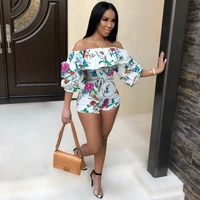 2021 sexy printed layered sleeve belt jumpsuits women summer off shoulder floral slim playsuits ruffled boho overalls for women