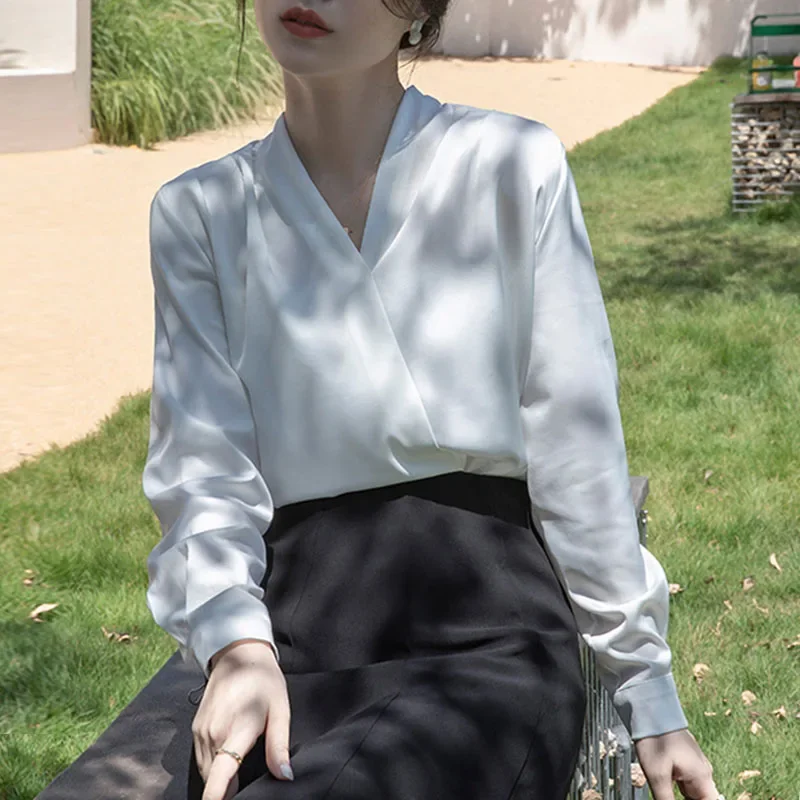 Новая женская блузка с v-образным вырезом белая офисная длинным рукавом рубашка