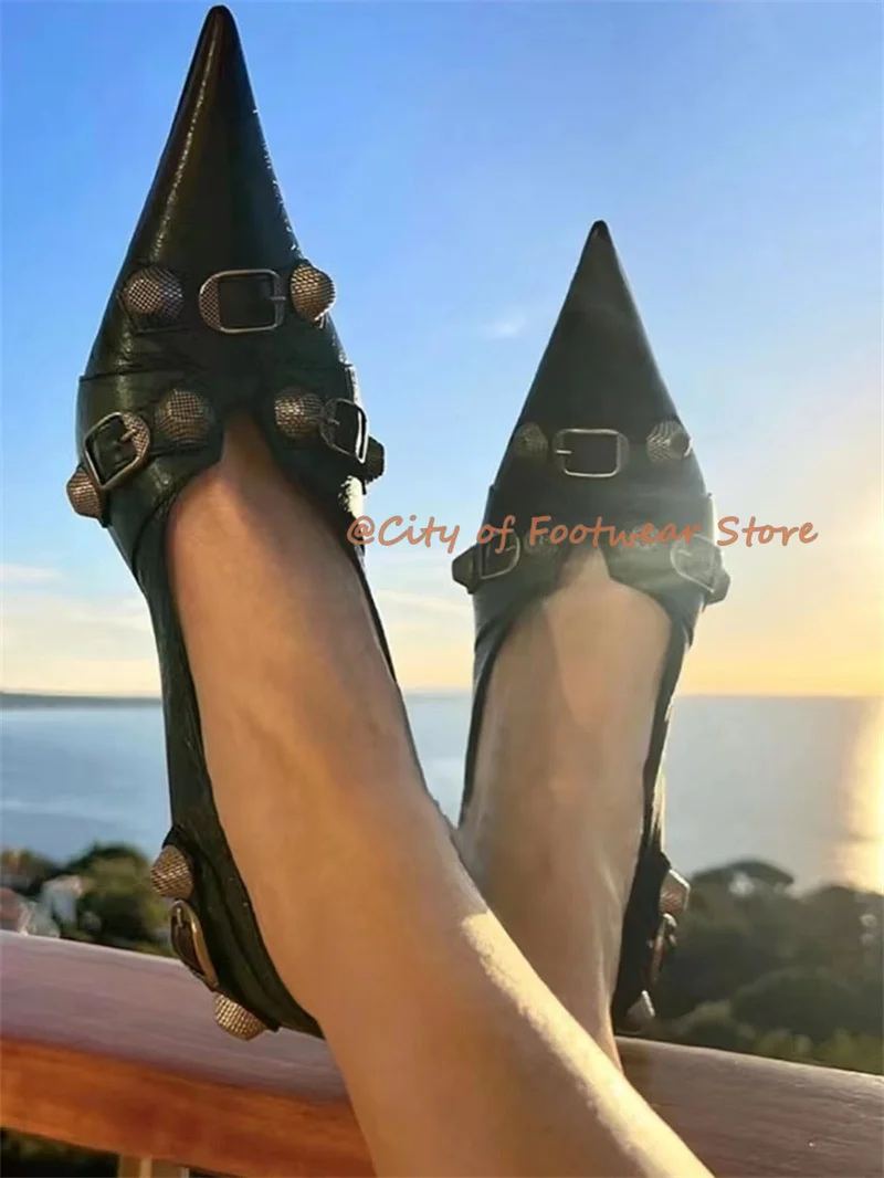 

New Luxury Pointy Toe Studded Stilettos Pumps Women Black/White Leather Designer Shallow High Heels Party Pull On Rivets Shoes