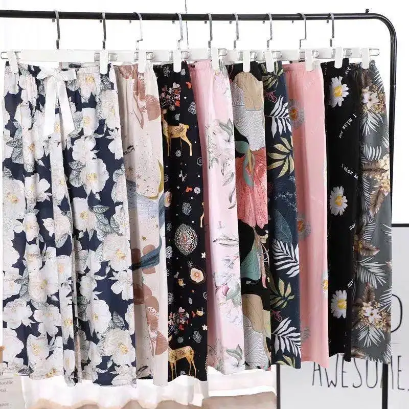 

Women's Pants Home Clothes Summer Shorts Flower Print Wide Leg Trouser Suits Sleepwear Large Size Sleep Bottoms Lounge Wear
