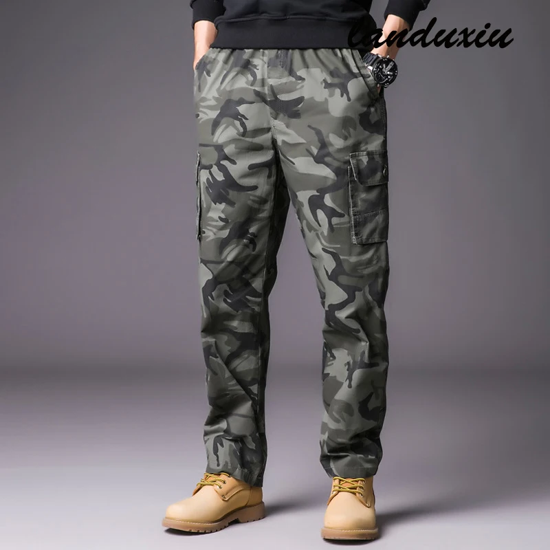 

Брюки landuxiu мужские хлопковые, свободные камуфляжные приталенные повседневные штаны, с множеством карманов, большие размеры