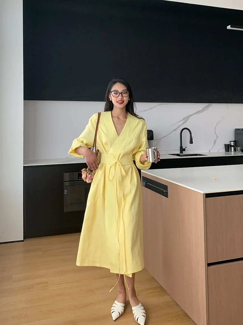 

Mid-length trench coat women refreshing breathable V-neck tie trench coat 2023 spring summer