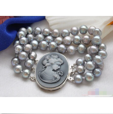 

free shipping 3row 8" 8-9mm GRAY ROUND FRESHWATER PEARL BRACELET Noble style Natural Fine jewelry