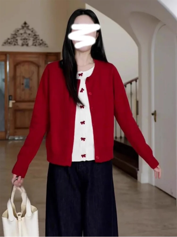 Рождественский вязаный кардиган с красным бантом в стиле пэчворк женский