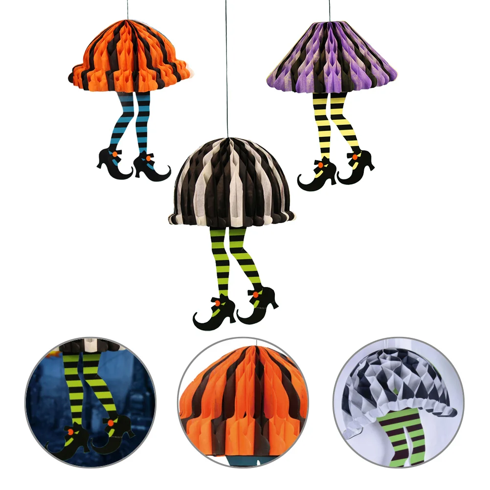

3pcs Halloween Decor Fashionable Adorable Creative Decorative Paper Lantern Paper Pom Pom Decor Pom Pom Lantern for Halloween