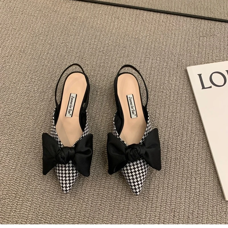 BOW Sandals Women 2022 Summer Pointed Low Heel Sandals Women Fashion Baotou Thin Strap Sandals High Heels Sandalias De Mujer
